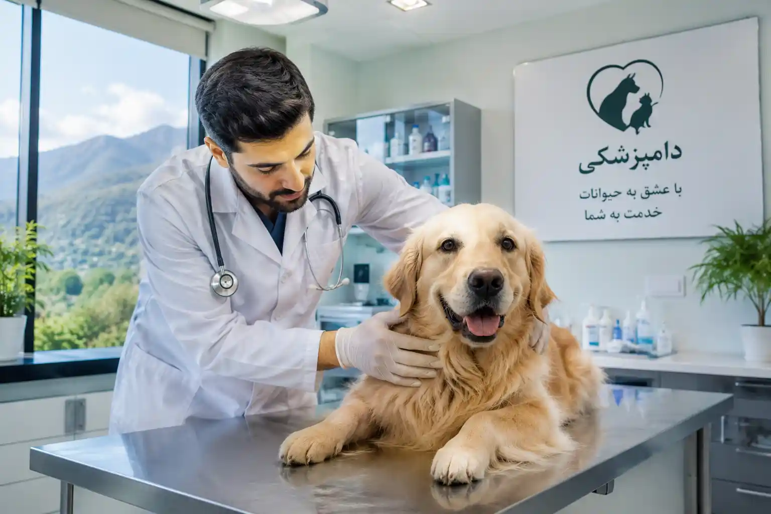 دامپزشک در حال معاینه گربه در یک کلینیک دامپزشکی